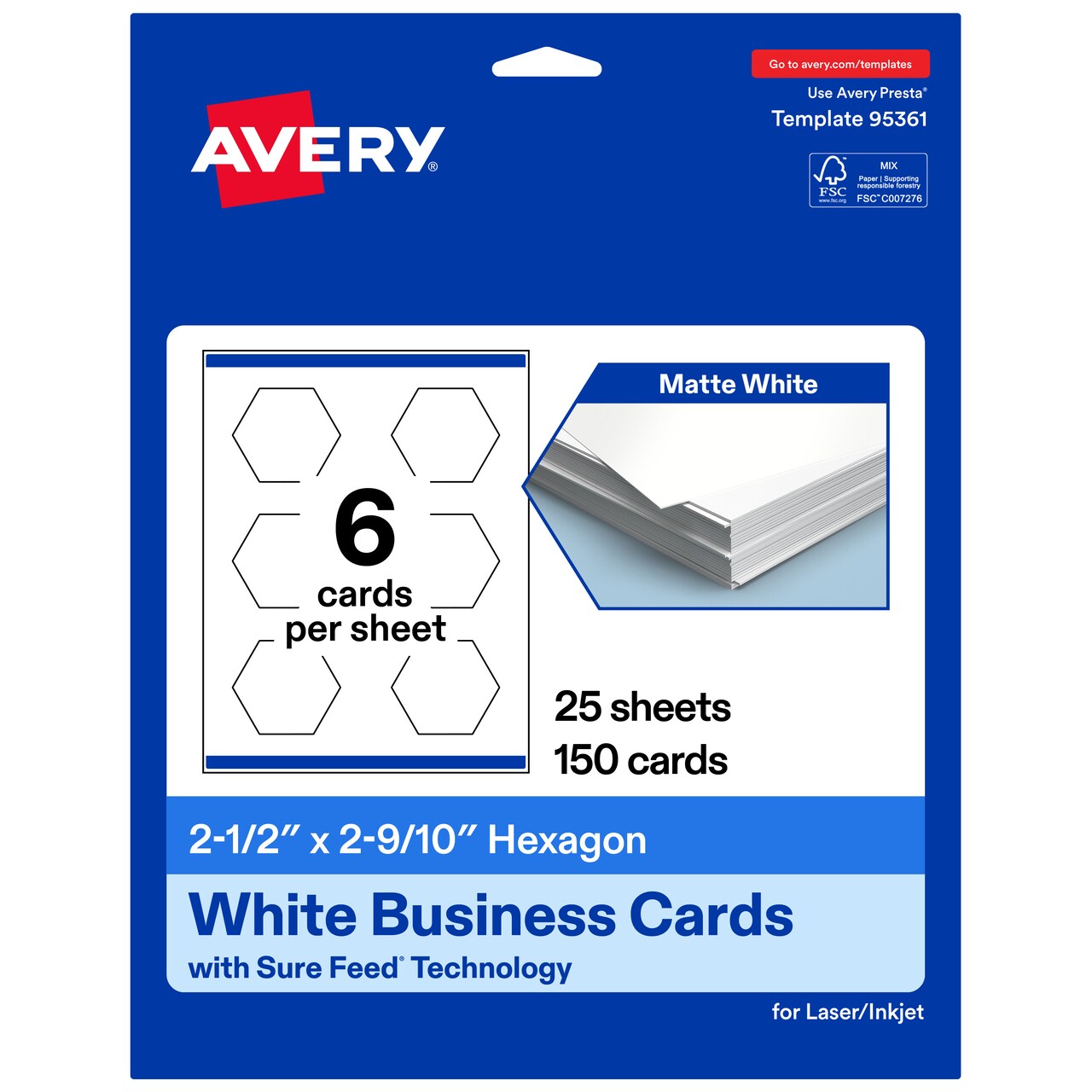 Avery Printable Hexagon Business Cards, Sure Feed Technology, 2-1/2" x 2-9/10", Matte White Cardstock, Print-to-The-Edge, Laser/Inkjet Printable, 60 Total